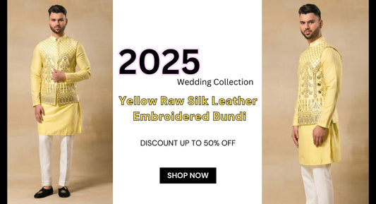 Celebrate in Style Yellow Raw Silk Leather Embroidered Bundi for Weddings & Engagements