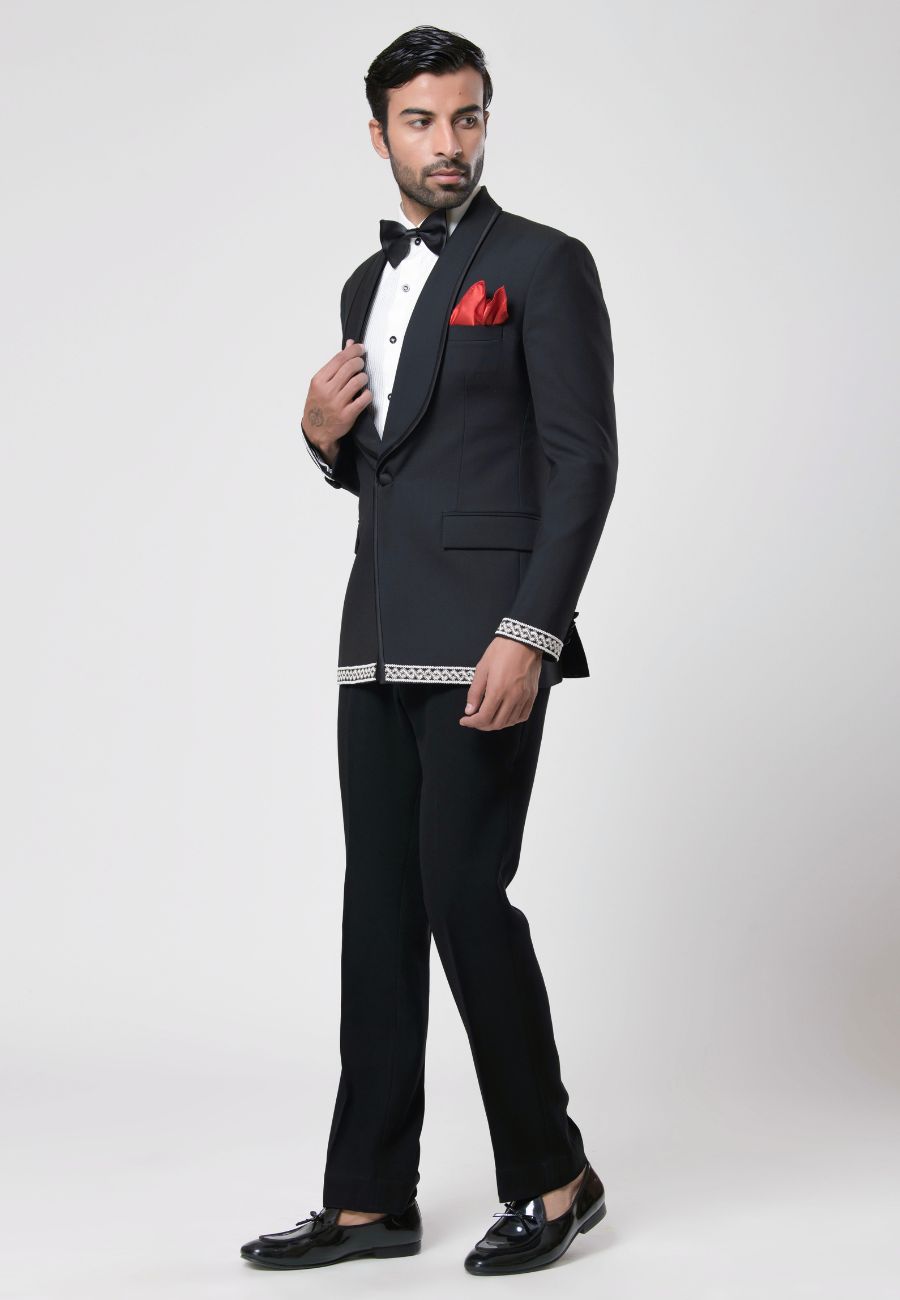 Black Terry Rayon Moti Embroidered Tuxedo Set