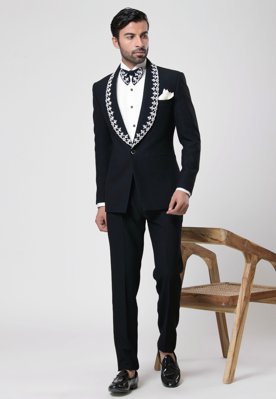 Black Crepe Moti Embroidered Tuxedo Set