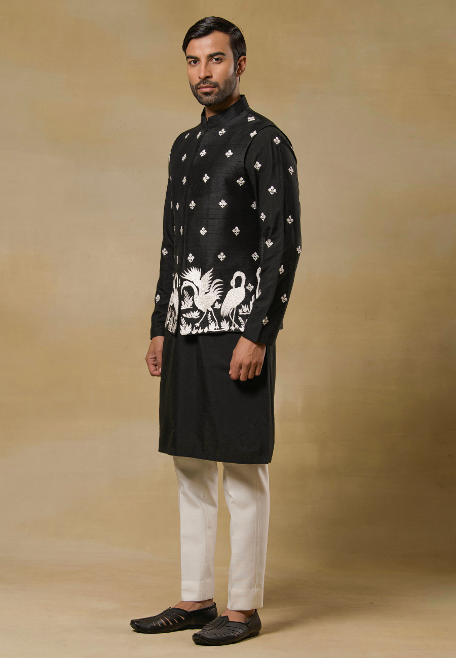 Men's  Black Raw Silk  Bundi