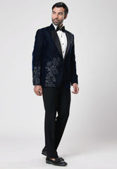 Blue Embroidered Tuxedo Set