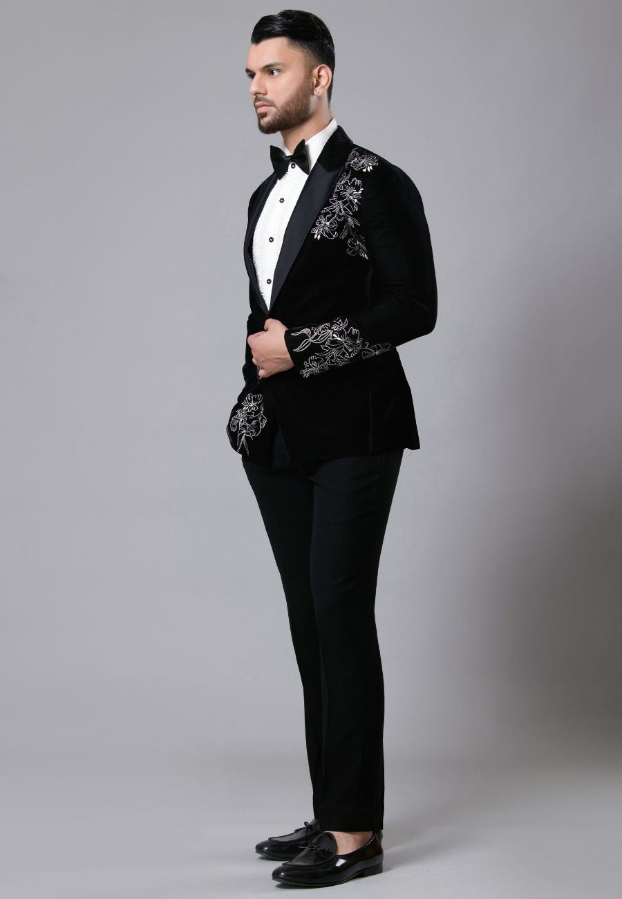 Black Embroidered Tuxedo Set