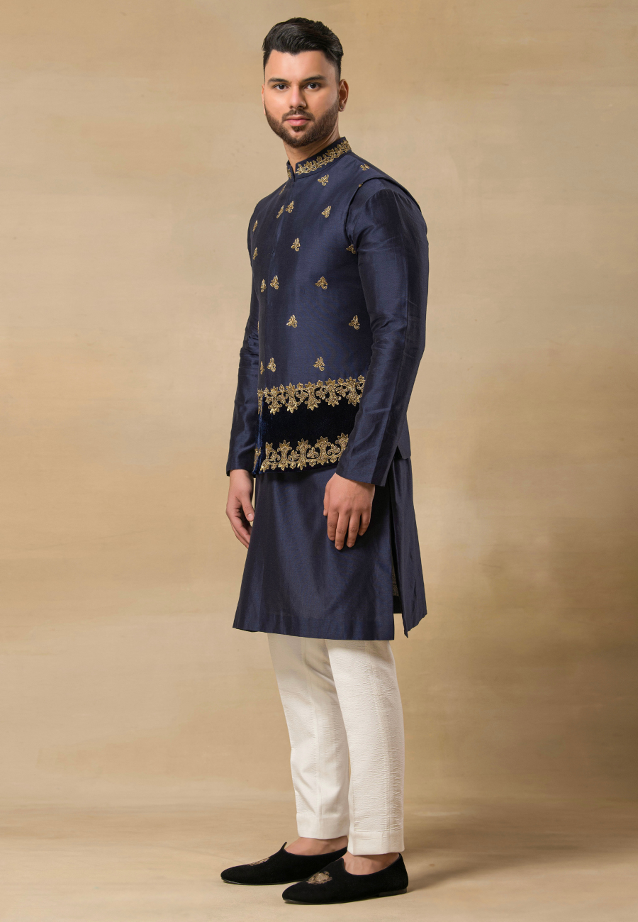 Men's Navy Blue Hand-Embroidered Polystyrene Fabric Bundi