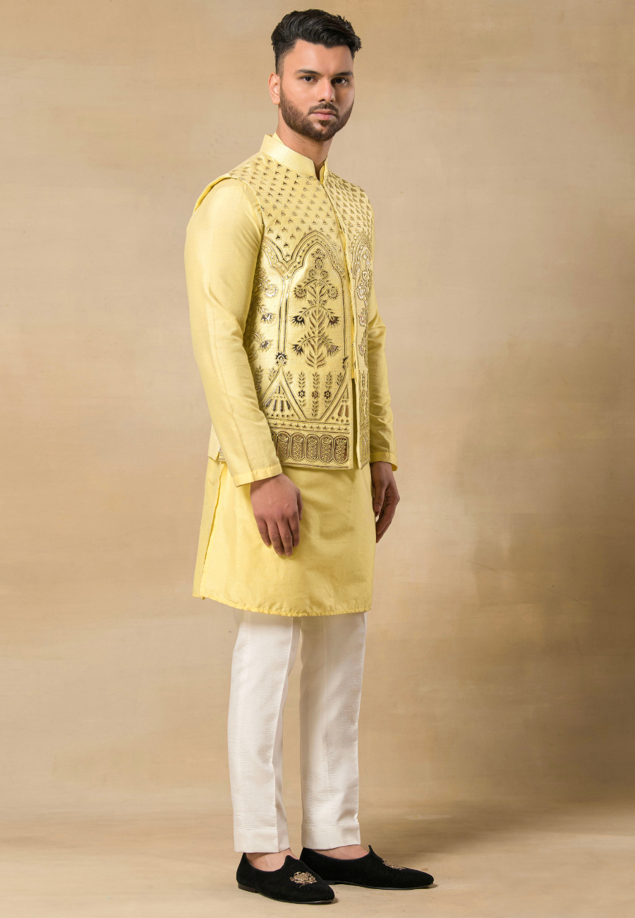 Yellow Raw Silk Leather Embroidered Bundi