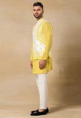 Yellow Raw Silk Resham Embroidered Bundi