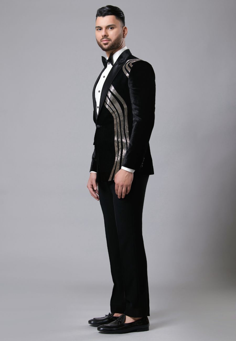 Black Micro Velvet Hand Embroidered Tuxedo Set