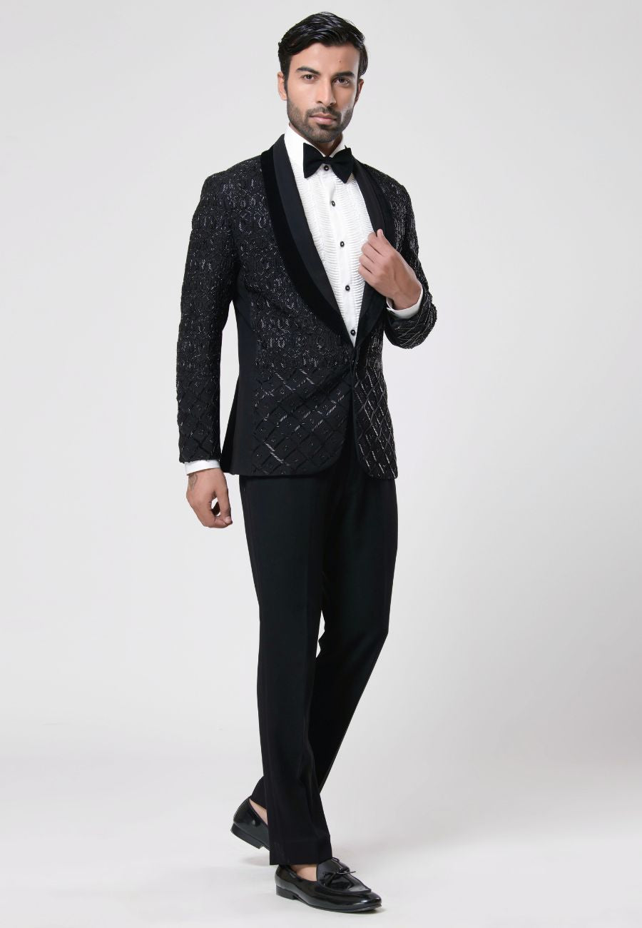 Black Italian Crepe Cutdana Hand Embroidered Tuxedo Set