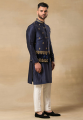 Men's Navy Blue Hand-Embroidered Polystyrene Fabric Bundi