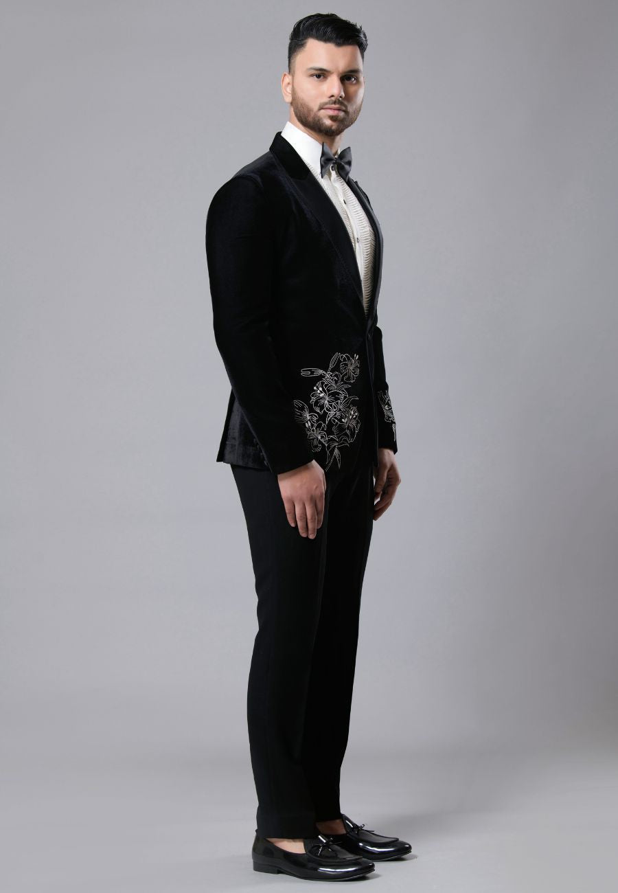 Black Embroidered Tuxedo Set