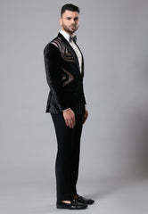 Black Micro Velvet Hand Embroidered Tuxedo Set