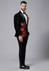 Black Micro Velvet Floral Resham Embroidered Tuxedo Set