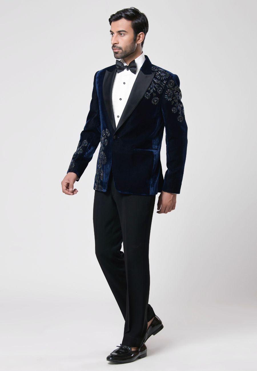 Blue Embroidered Tuxedo Set