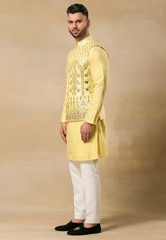 Yellow Raw Silk Leather Embroidered Bundi