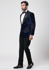 Blue Micro Velvet Hand Embroidered Tuxedo Set