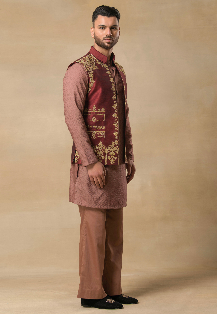 Men's Wine Raw Silk Bundi