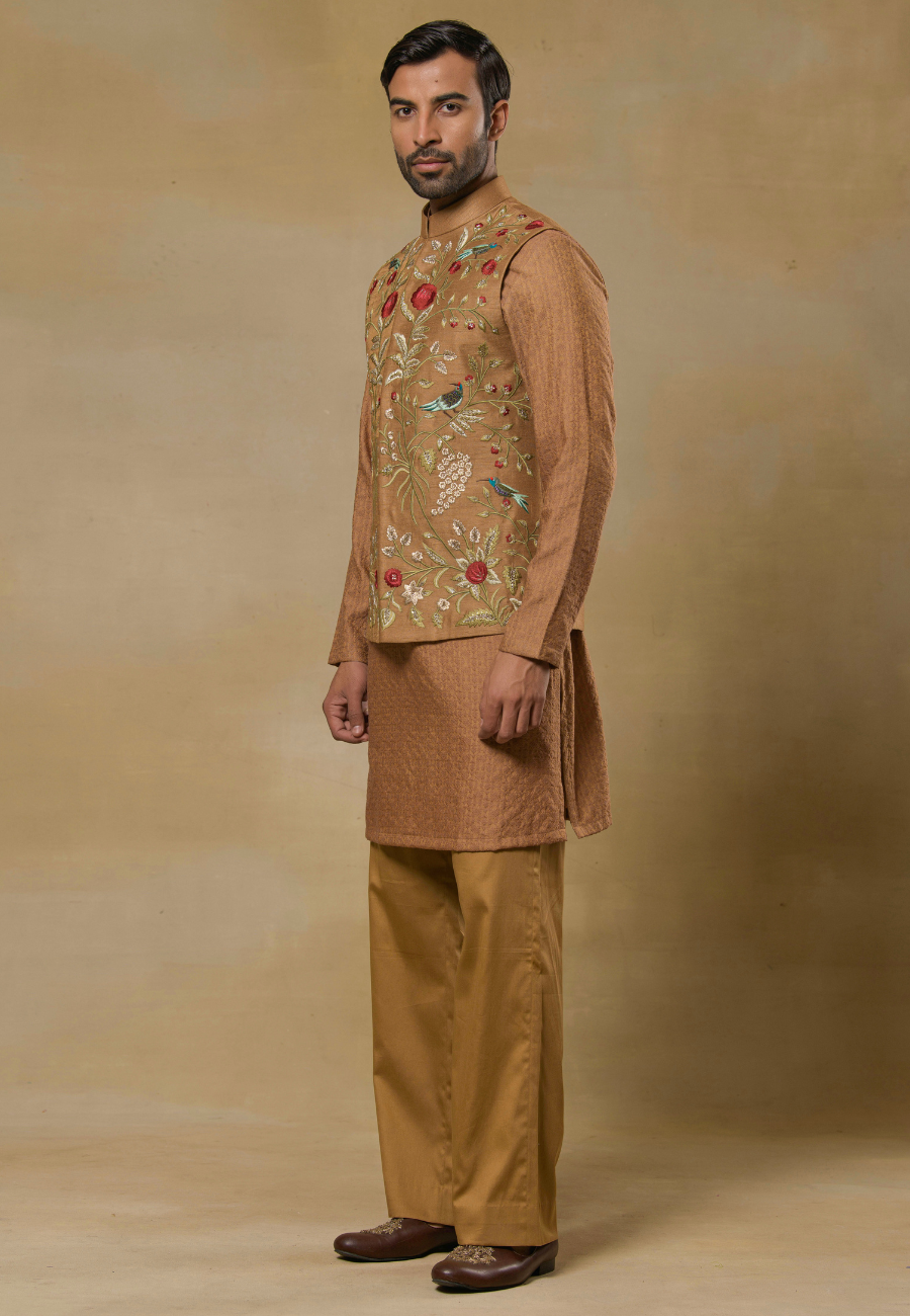 Coffee Brown Raw Silk Hand Embroidered Indo-western Set