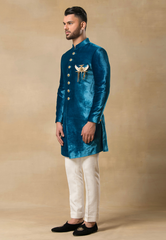 Men's Sky Blue Micro Velvet Indo Western Set