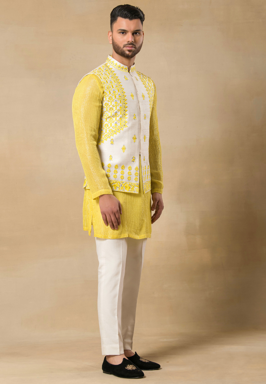 Yellow Raw Silk Resham Embroidered Bundi