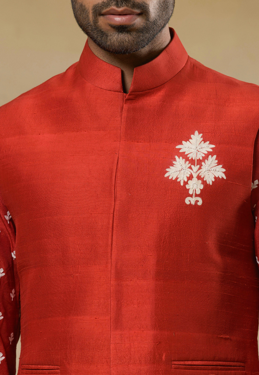 Red Raw Silk Hand Embroidered Bundi