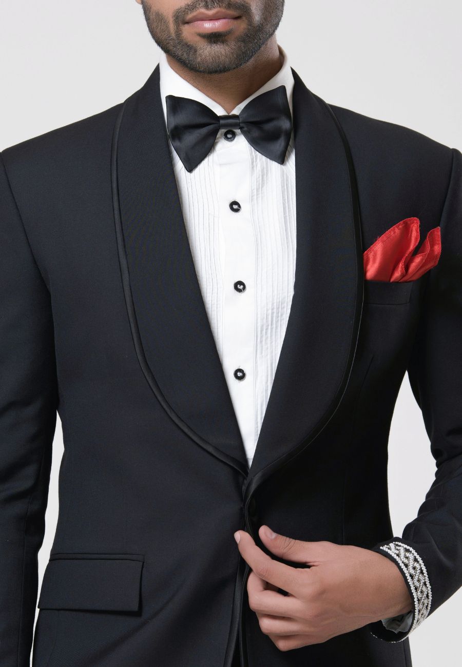 Black Terry Rayon Moti Embroidered Tuxedo Set