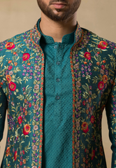 Teal Poly Dupion Hand Embroidered Bundi