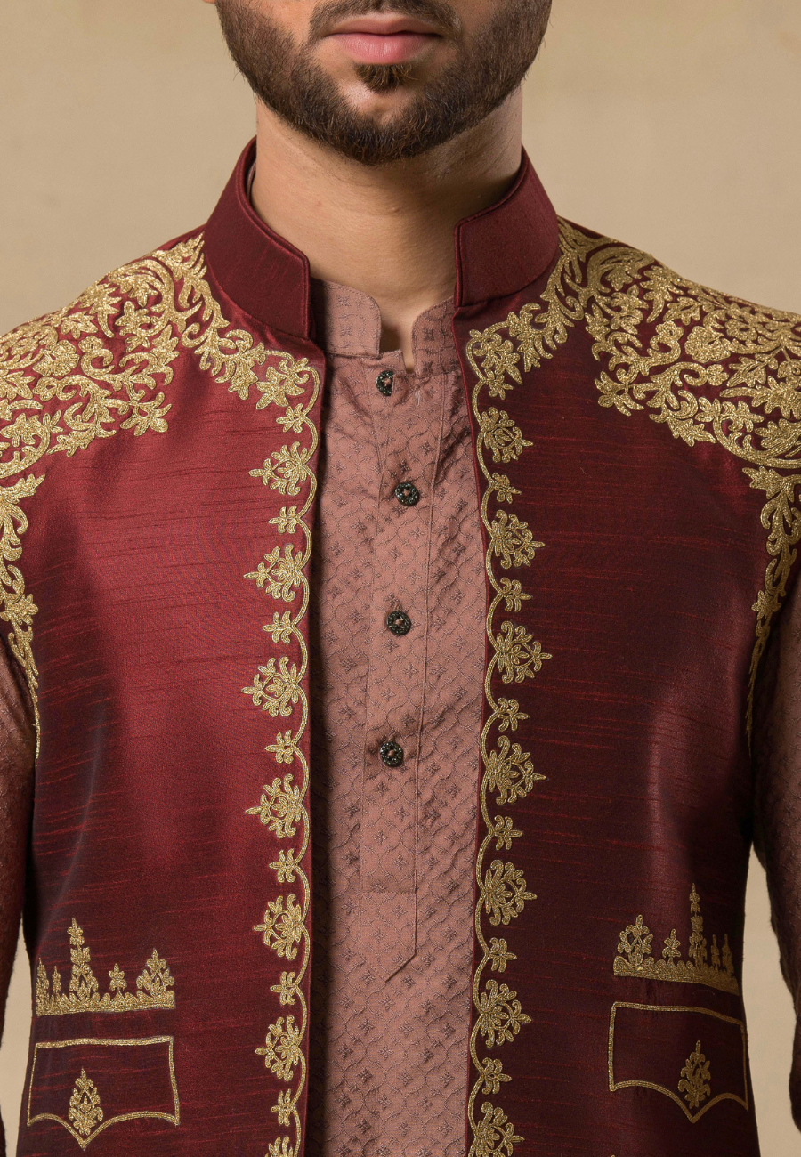 Men's Wine Raw Silk Bundi