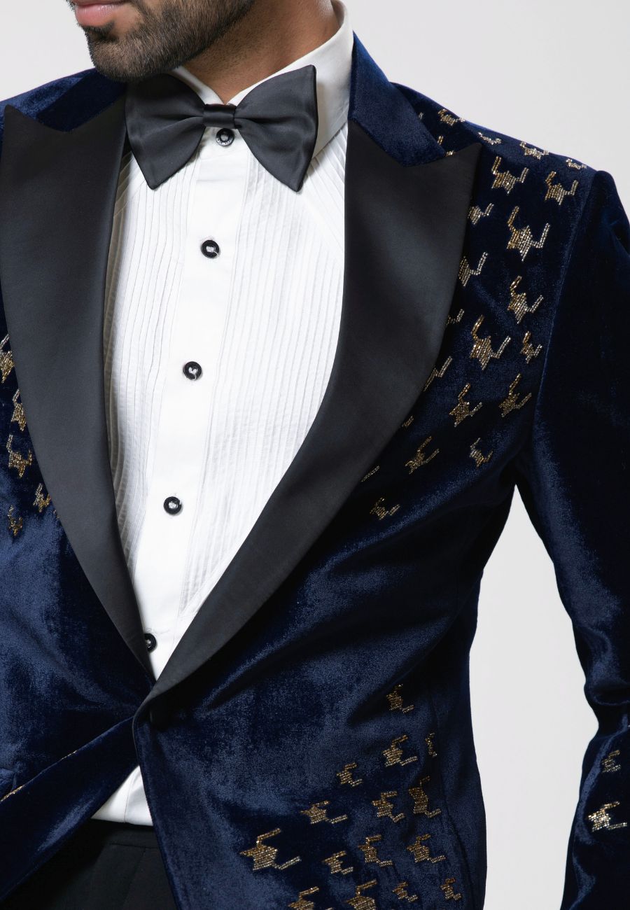 Blue Micro Velvet Hand Embroidered Tuxedo Set