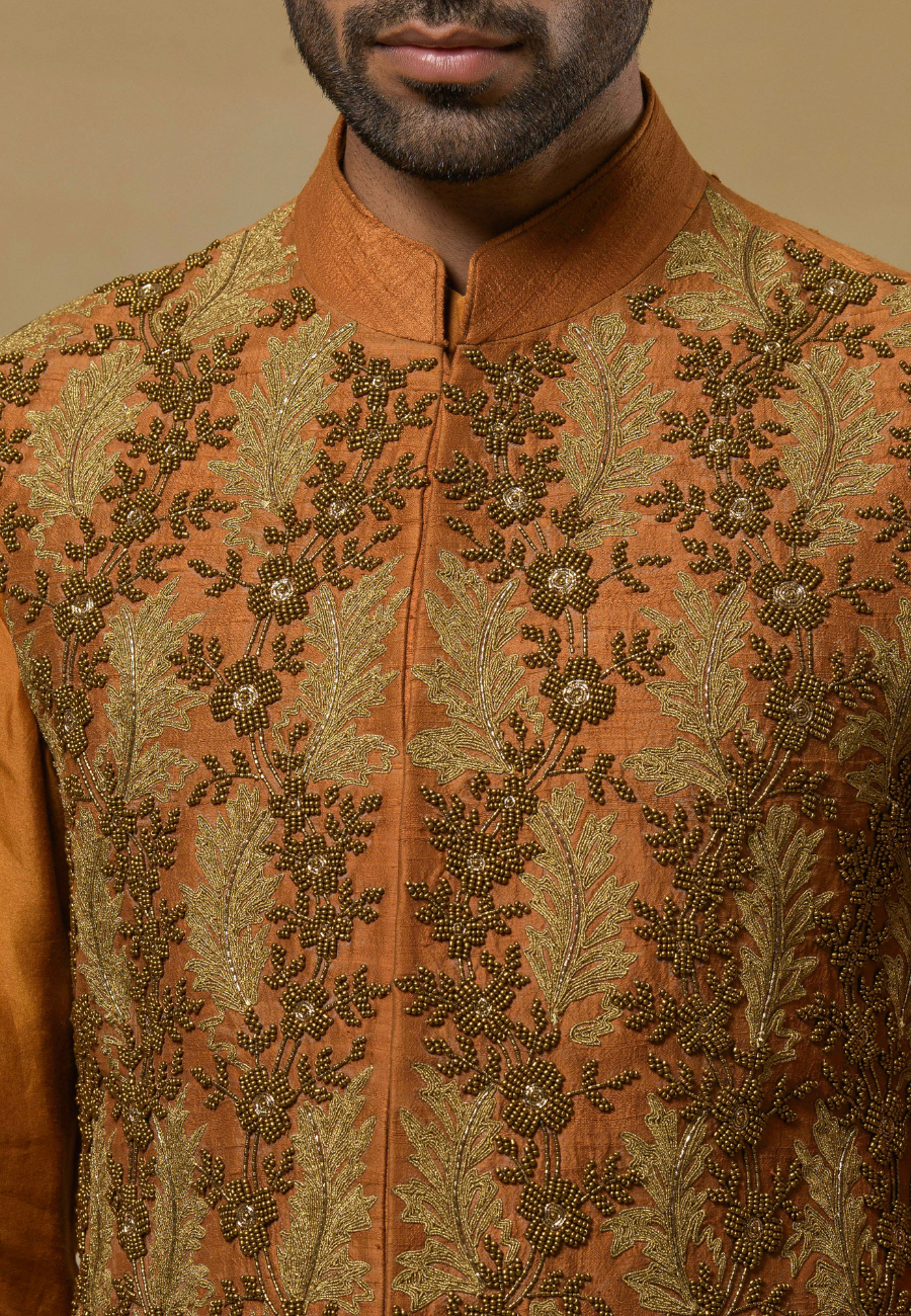 Rust Raw Silk Hand Embroidered Bundi