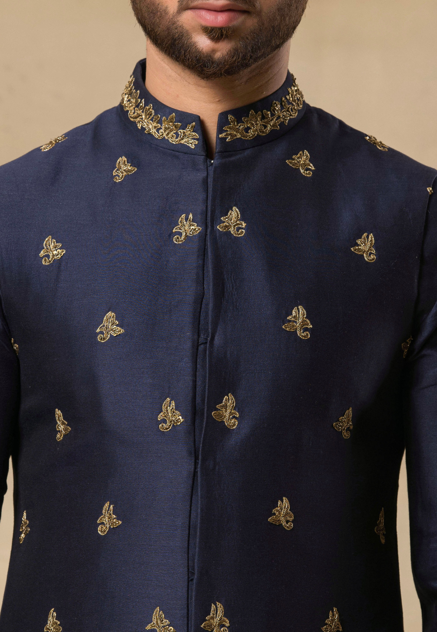 Men's Navy Blue Hand-Embroidered Polystyrene Fabric Bundi