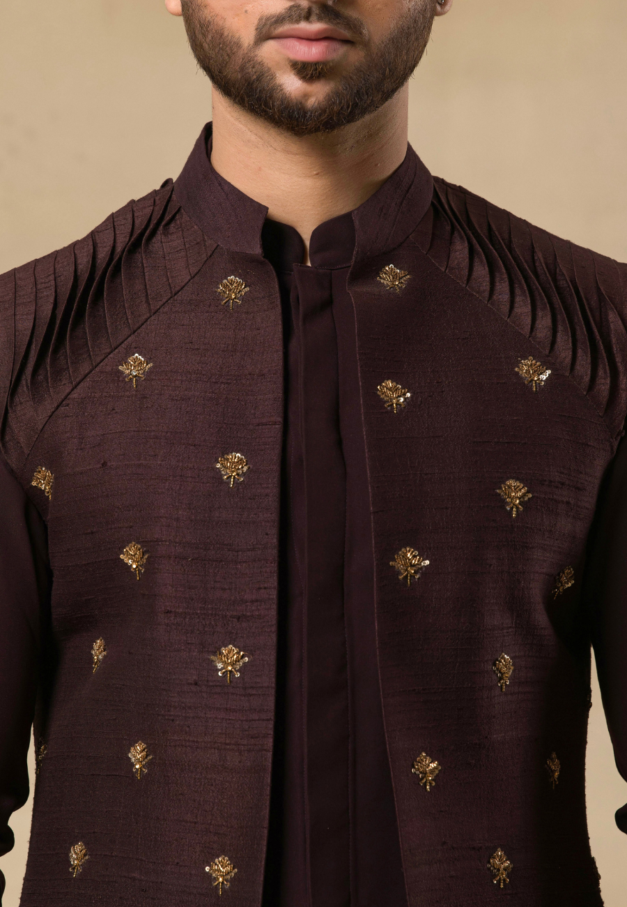 Wine Raw Silk Boota Embroidered Bundi