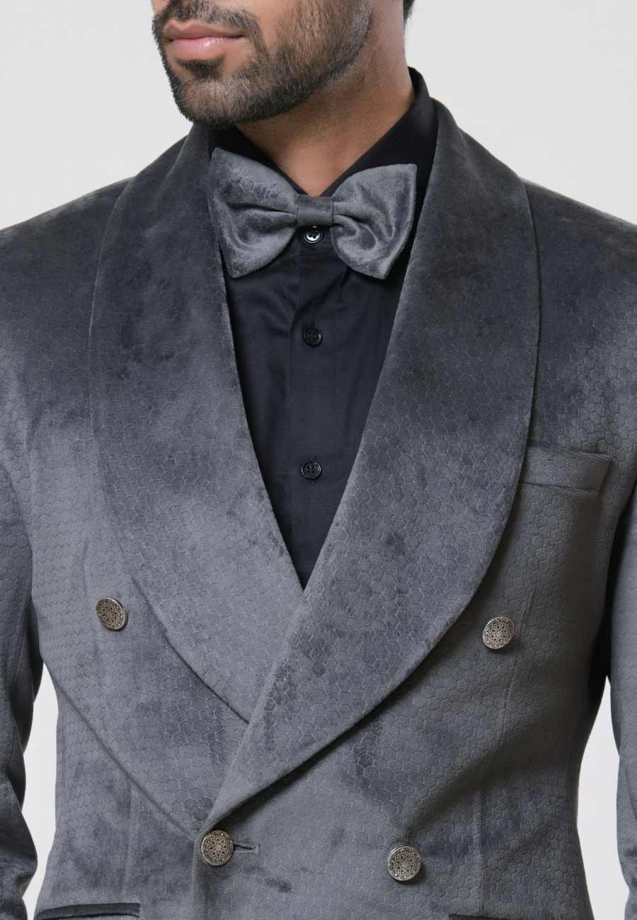 Grey Velvet Tuxedo Suit Set Aditya Sachdeva Men