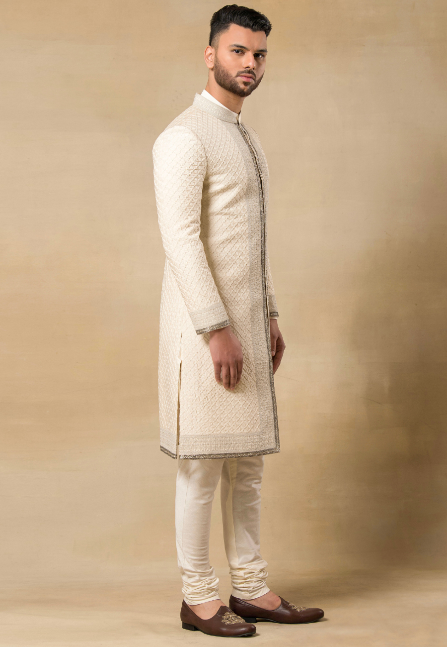 Cream Embroidered Sherwani