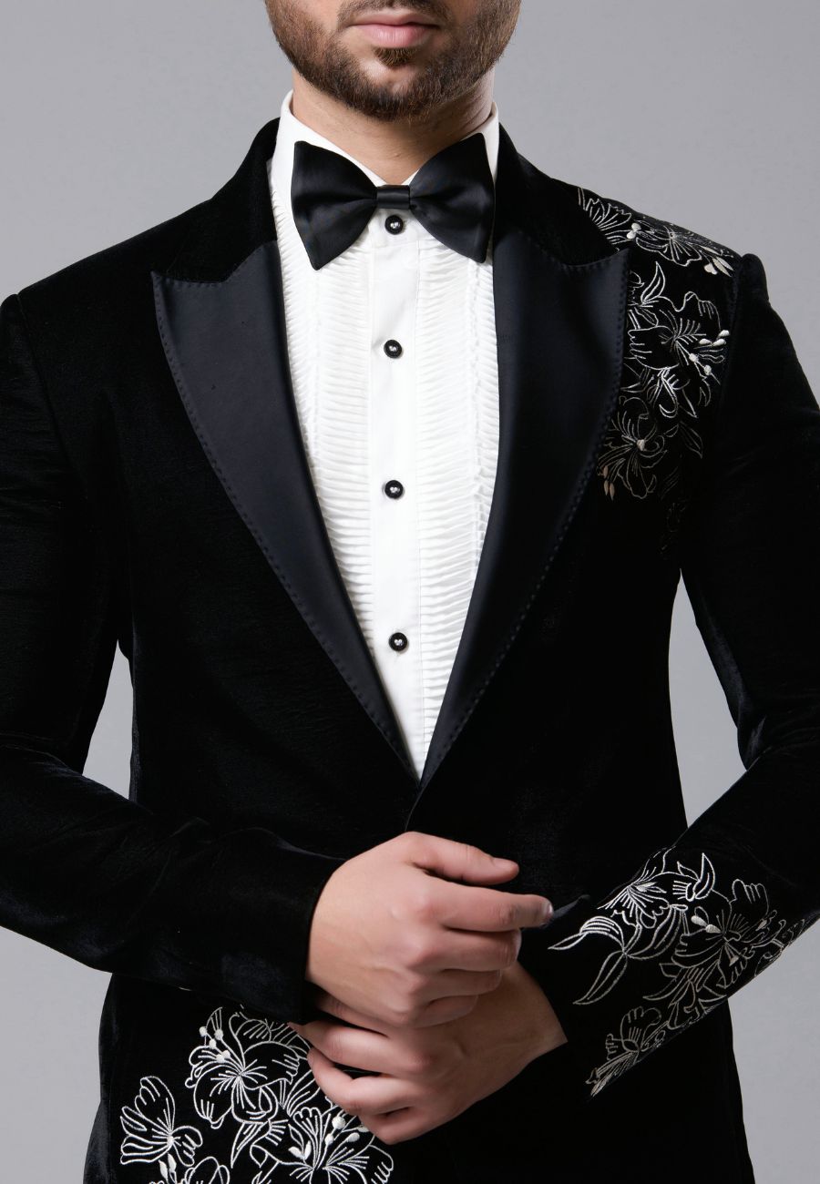 Black Embroidered Tuxedo Set