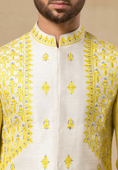 Yellow Raw Silk Resham Embroidered Bundi