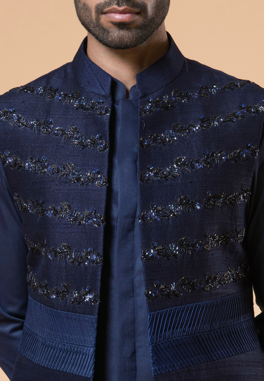 Navy Blue Velvet Hand Embroidered Bundi