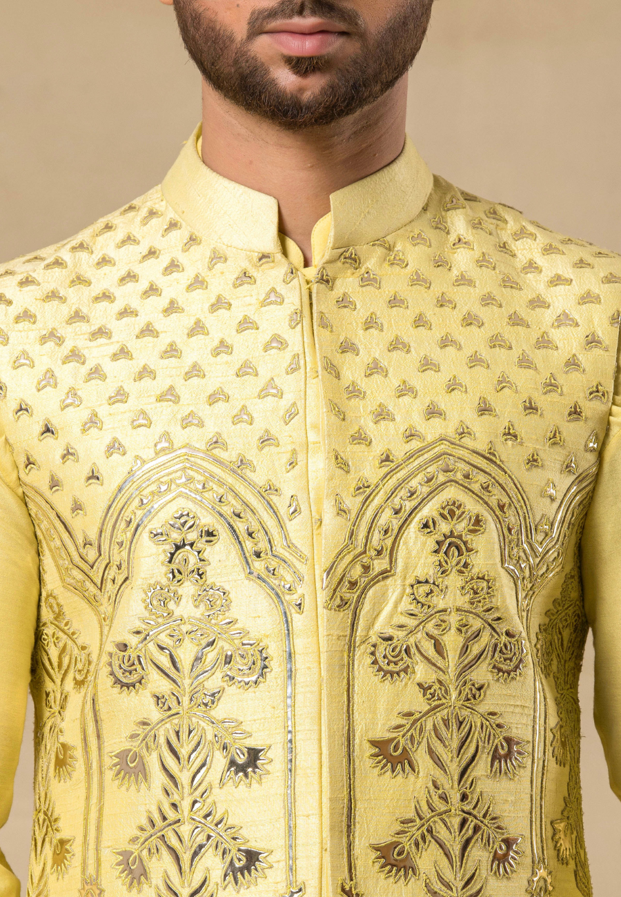 Yellow Raw Silk Leather Embroidered Bundi