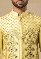 Yellow Raw Silk Leather Embroidered Bundi