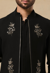 Men's Black Italian Crepe Hand-Embroidered Bundi