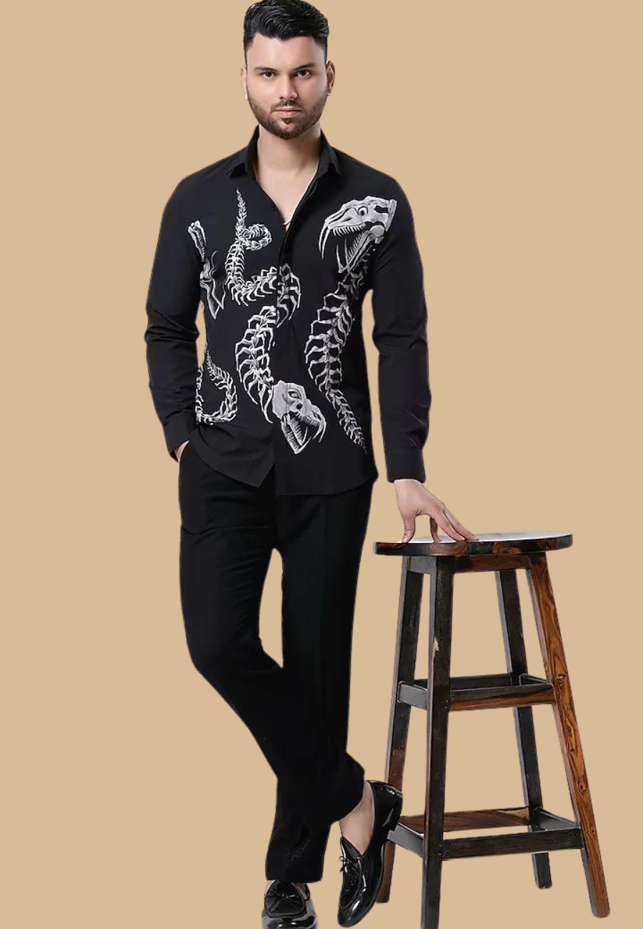 Black Italian Crepe Printed Shirt