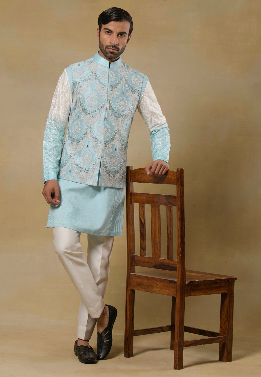 Sky Blue Poly Dupion Hand Embroidered Bundi