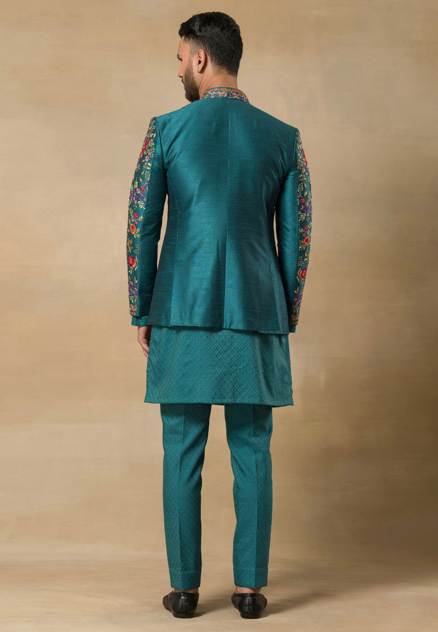 Teal Poly Dupion Hand Embroidered Bundi