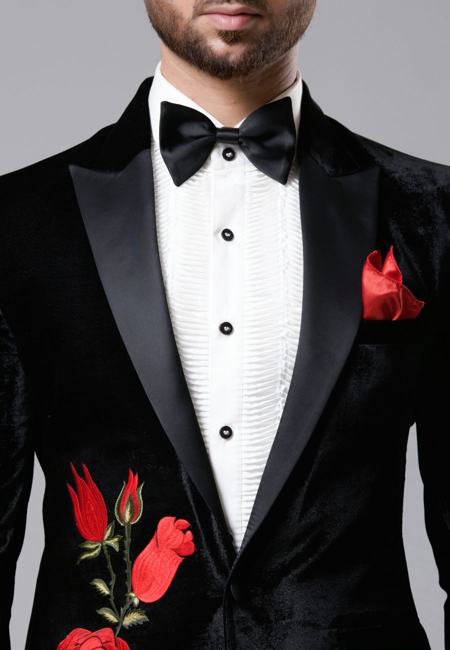 Black Micro Velvet Floral Resham Embroidered Tuxedo Set