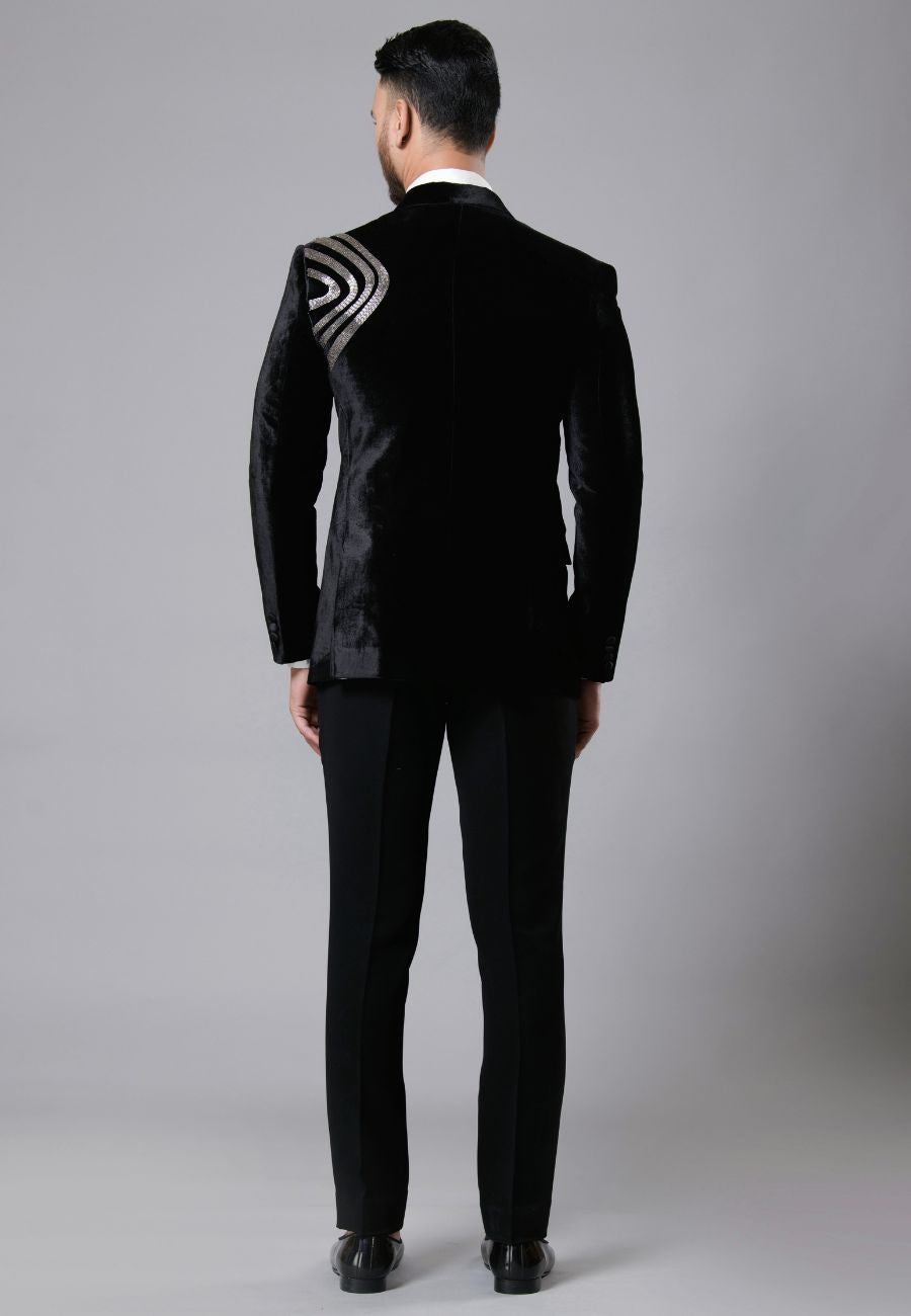 Black Micro Velvet Hand Embroidered Tuxedo Set