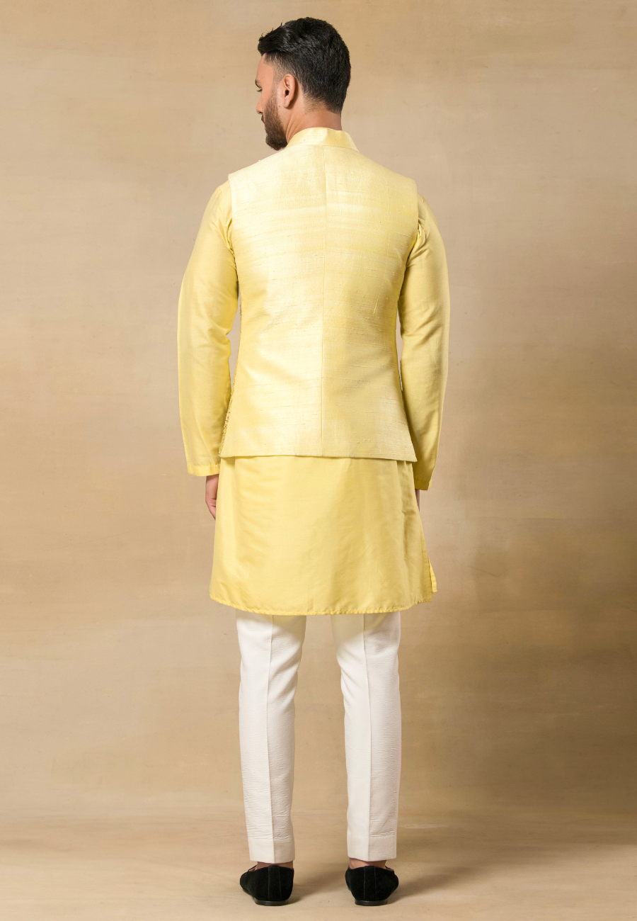 Yellow Raw Silk Leather Embroidered Bundi