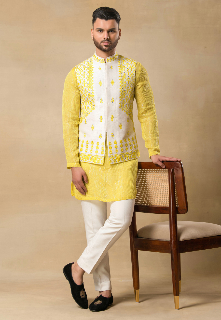 Yellow Raw Silk Resham Embroidered Bundi