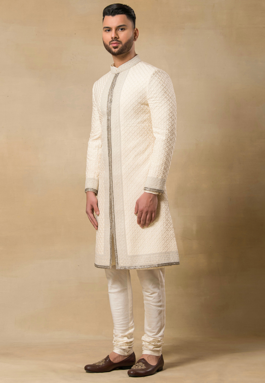 Cream Embroidered Sherwani