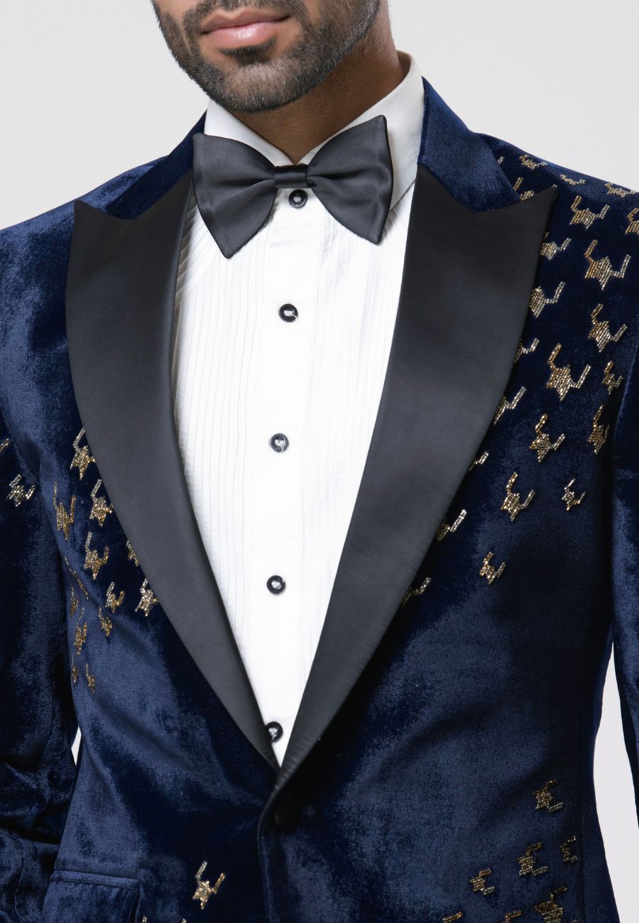 Blue Micro Velvet Hand Embroidered Tuxedo Set