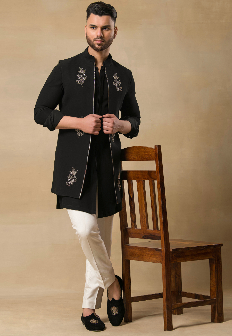 Men's Black Italian Crepe Hand-Embroidered Bundi