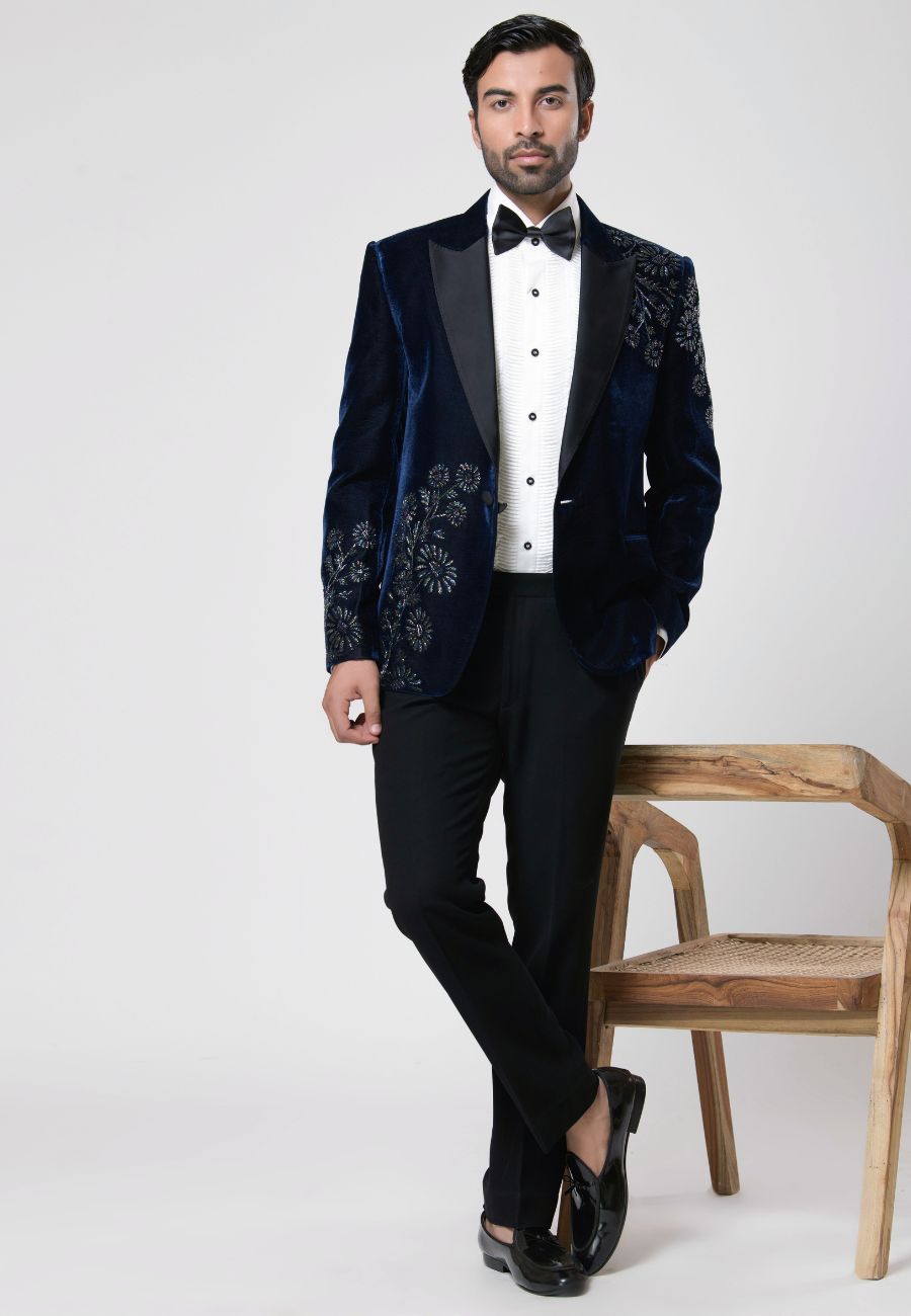 Blue Embroidered Tuxedo Set