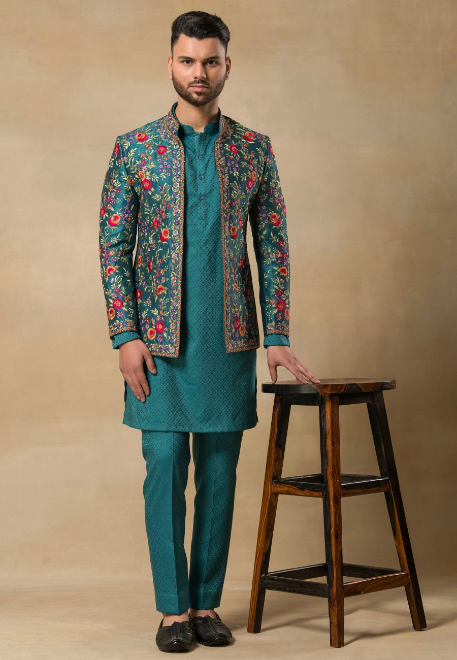 Teal Poly Dupion Hand Embroidered Bundi